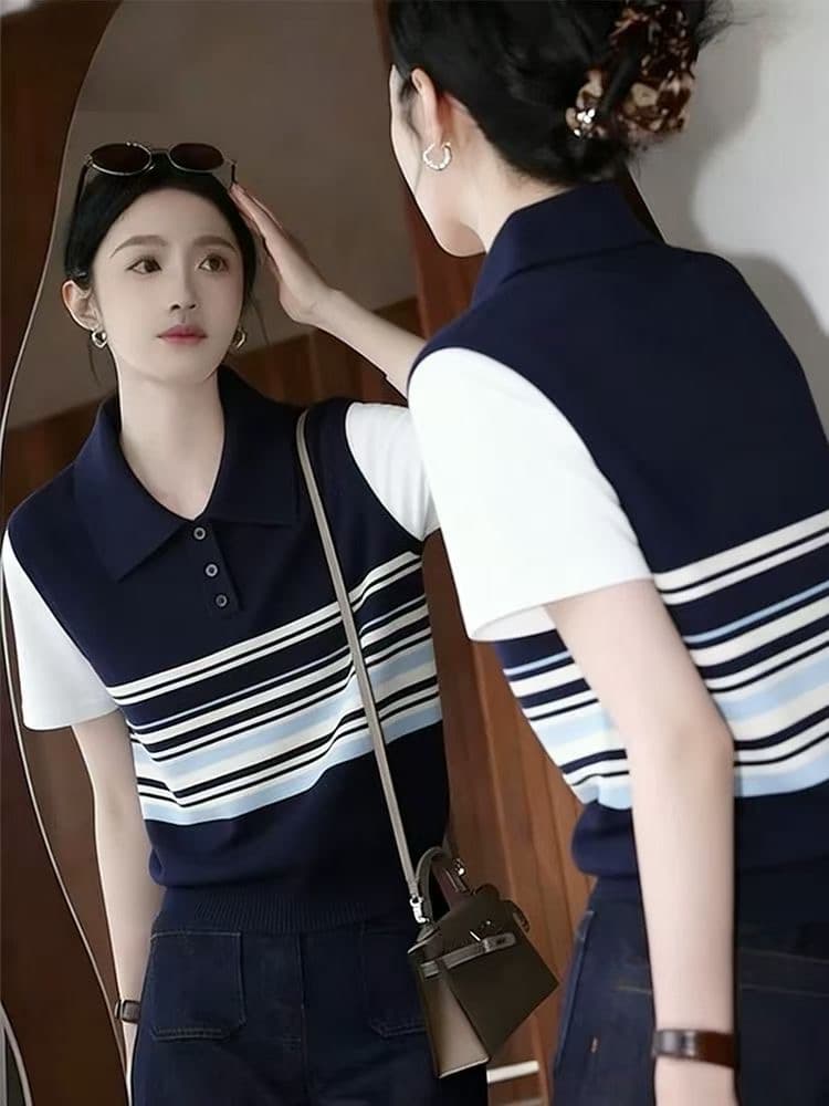 한 부서 POLO 칼라 페이크 레이어드 스트라이프 니트 반팔 티셔츠 여성 여름 블루 색상 패치워크 맨위 이미지 2