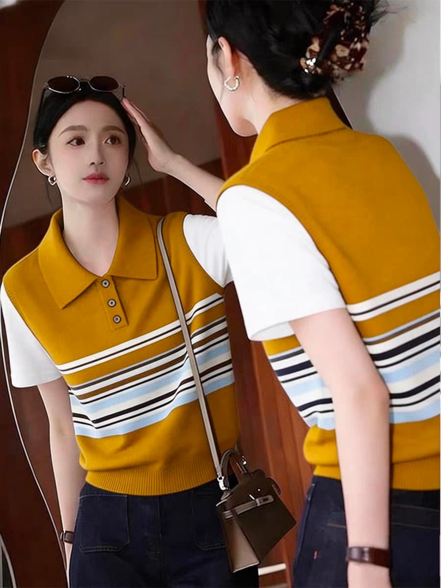 한 부서 POLO 칼라 페이크 레이어드 스트라이프 니트 반팔 티셔츠 여성 여름 블루 색상 패치워크 맨위