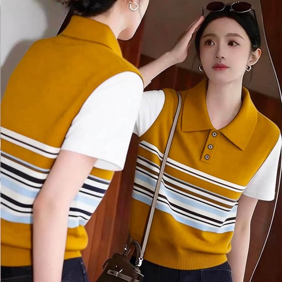 한 부서 POLO 칼라 페이크 레이어드 스트라이프 니트 반팔 티셔츠 여성 여름 블루 색상 패치워크 맨위 이미지 5
