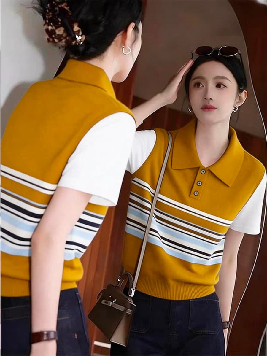 한 부서 POLO 칼라 페이크 레이어드 스트라이프 니트 반팔 티셔츠 여성 여름 블루 색상 패치워크 맨위 상세 이미지 1