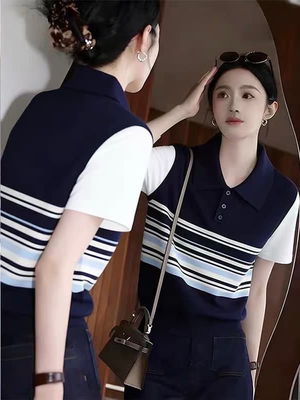 한 부서 POLO 칼라 페이크 레이어드 스트라이프 니트 반팔 티셔츠 여성 여름 블루 색상 패치워크 맨위 상세 이미지 2