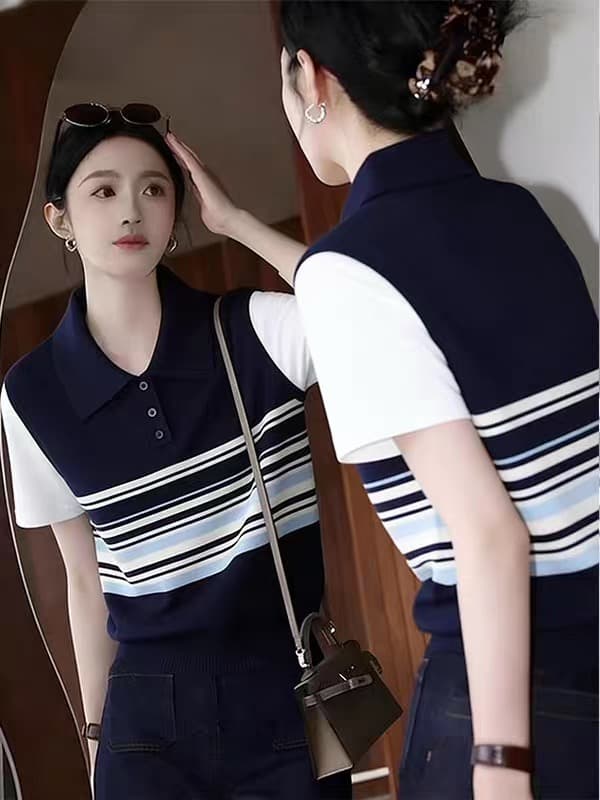 한 부서 POLO 칼라 페이크 레이어드 스트라이프 니트 반팔 티셔츠 여성 여름 블루 색상 패치워크 맨위 상세 이미지 4