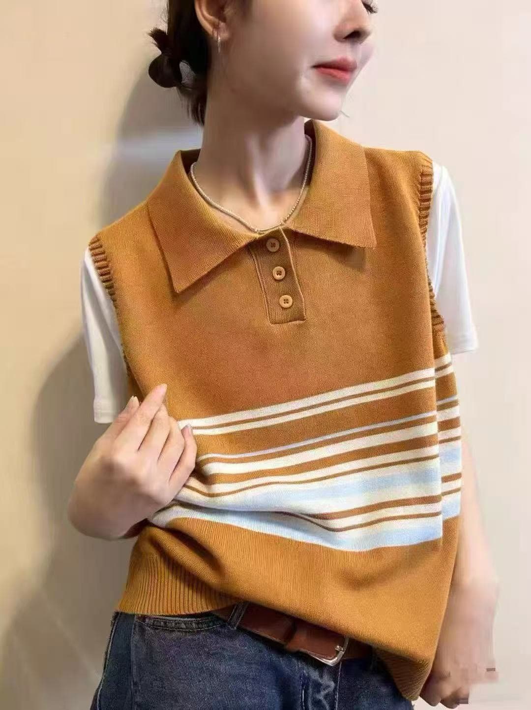 한 부서 POLO 칼라 페이크 레이어드 스트라이프 니트 반팔 티셔츠 여성 여름 블루 색상 패치워크 맨위 상세 이미지 5