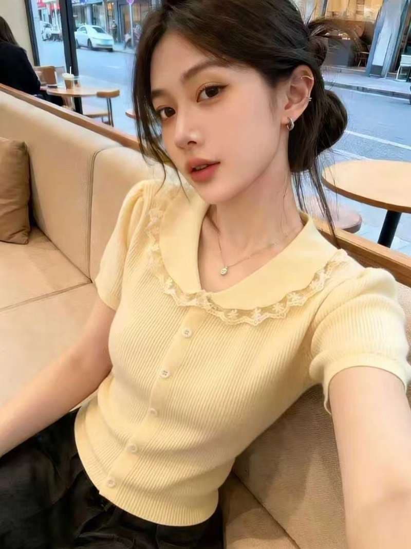 레이스 조각 베이비 칼라 반팔 니트 오픈 가디건 여성 여름 새로운 연령 감소 쇼트 스타일 맨위 chic 상세 이미지 4