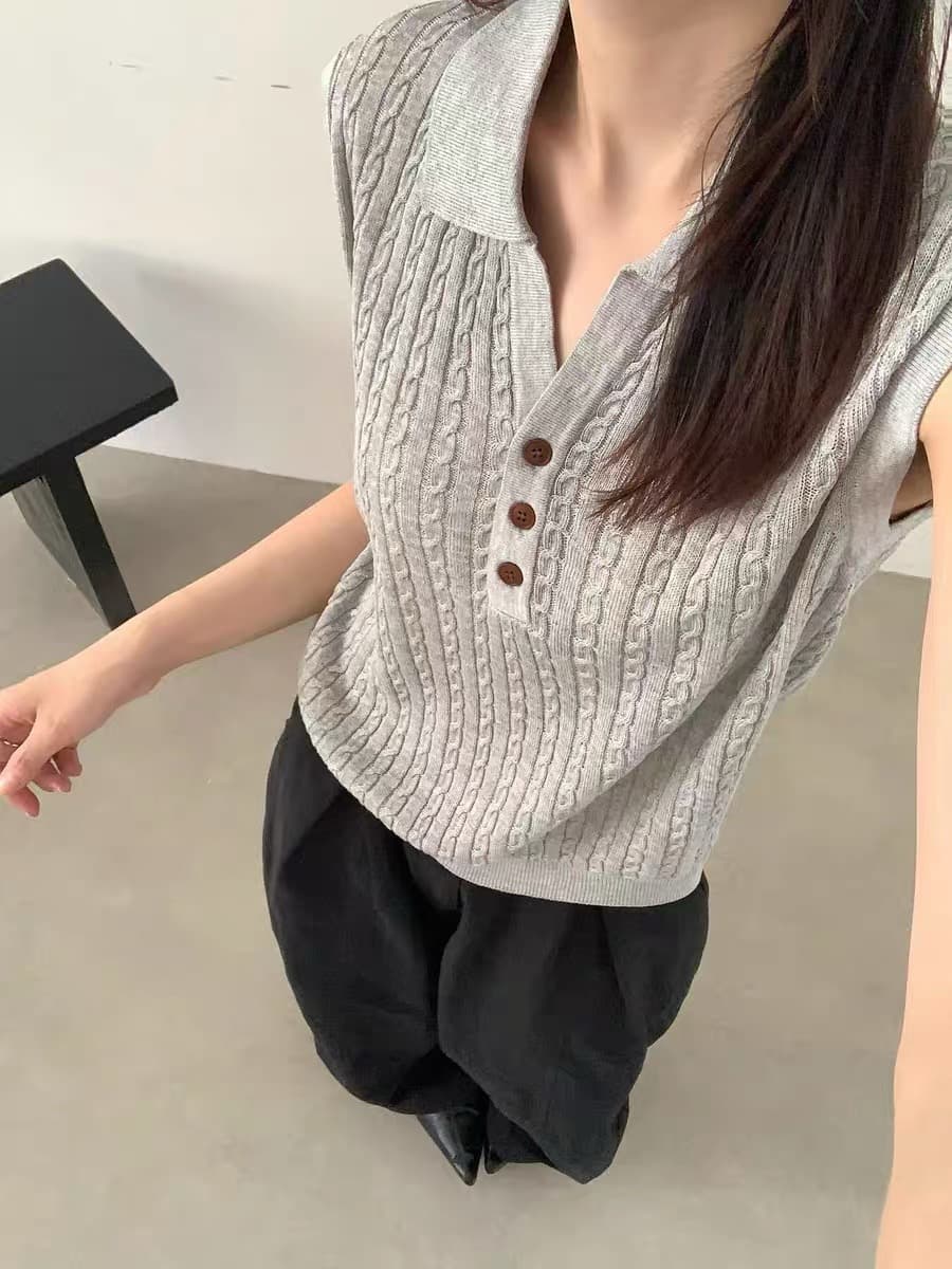 2026 여름 새로운 라이 경기 서울 주간 실크 오래된 돈 바람 미니멀리즘 다용도 꽈배기 폴로 칼라 민소매 니트 조끼 맨위 상세 이미지 3