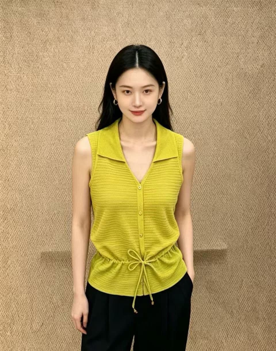 여름 새로운 한 부서 폴로 칼라 달콤함 V넥 민소매 조끼 단색 레이스업 허리 수축 캐주얼 다용도 니트 스웨터