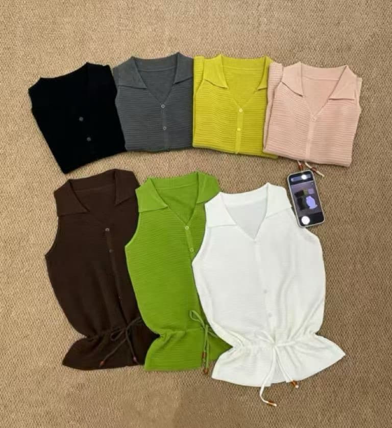 여름 새로운 한 부서 폴로 칼라 달콤함 V넥 민소매 조끼 단색 레이스업 허리 수축 캐주얼 다용도 니트 스웨터 상세 이미지 1