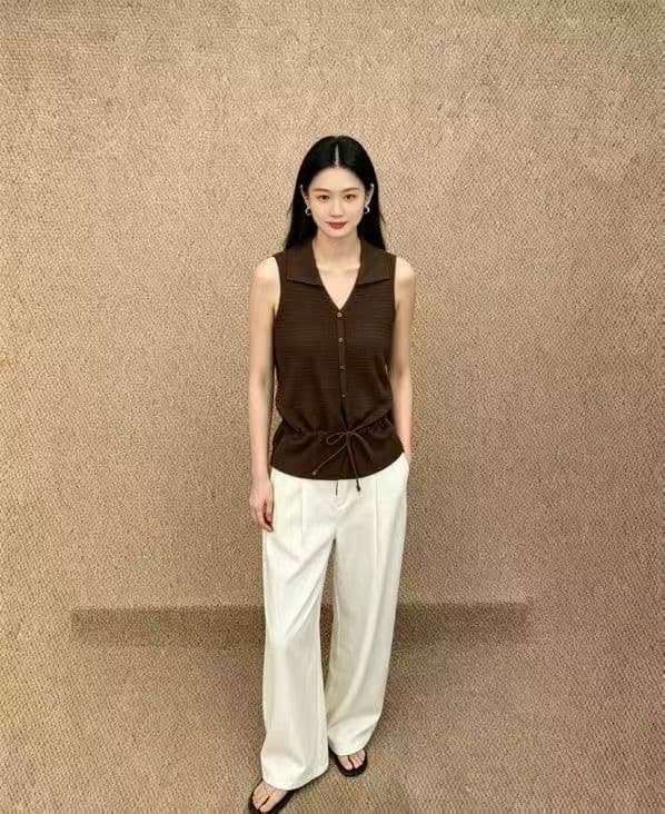 여름 새로운 한 부서 폴로 칼라 달콤함 V넥 민소매 조끼 단색 레이스업 허리 수축 캐주얼 다용도 니트 스웨터 상세 이미지 2
