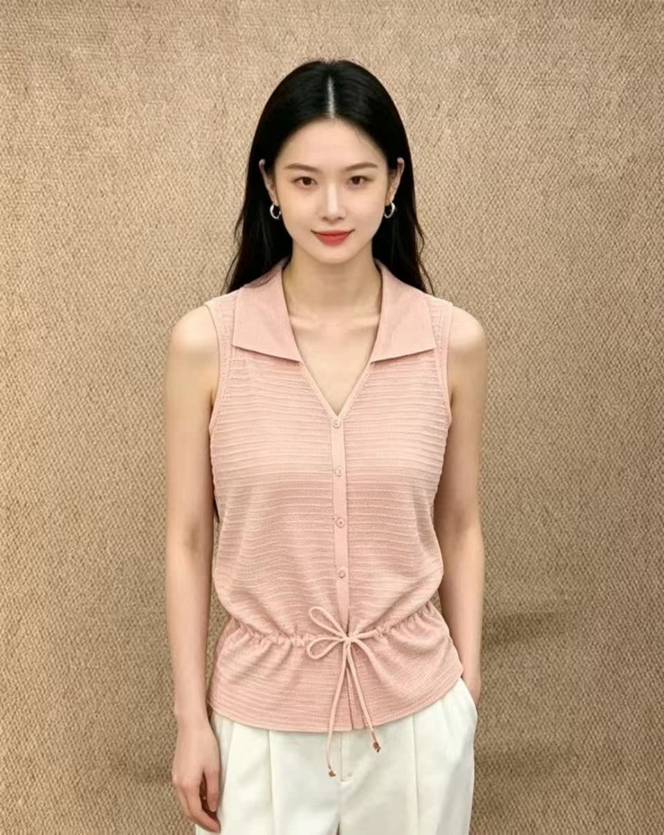 여름 새로운 한 부서 폴로 칼라 달콤함 V넥 민소매 조끼 단색 레이스업 허리 수축 캐주얼 다용도 니트 스웨터 상세 이미지 5