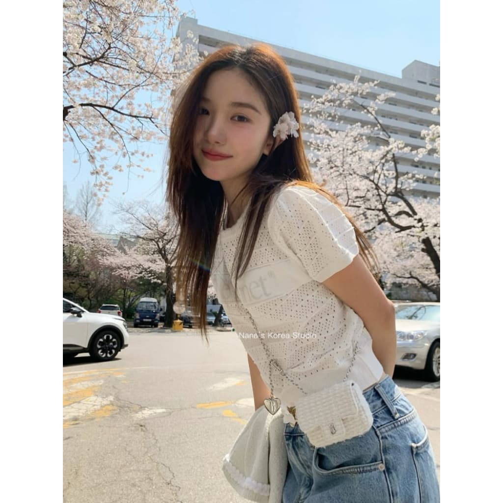 한국 여덟 우유 여름 레트로 몸매 가꾸기 슬림해 보이는 레이스 라운드 넥 알파벳 홀로우 아웃 자카드 니트 반팔 맨위 상세 이미지 1