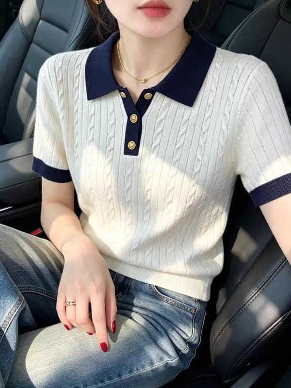 한 부서 얼음 실크 POLO 셔츠 티셔츠 여성 여름 얇은 스타일 작은 키 꽈배기 니트 반팔 쇼트 스타일 폴로 칼라 맨위 이미지 2