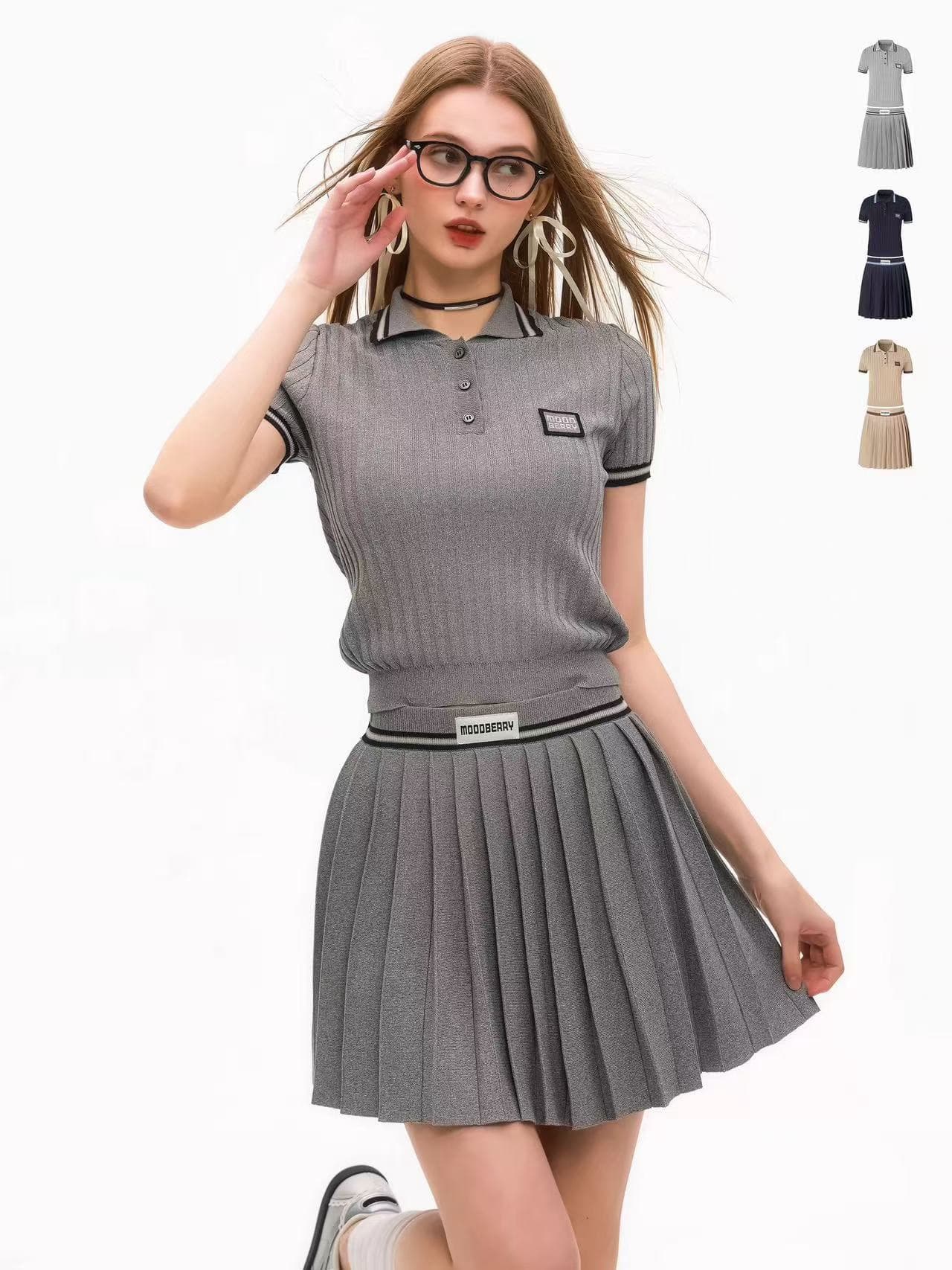 아메리칸 miu 부서 학원 스타일 세트 여성 여름 회색 POLO 칼라 니트 반팔 티셔츠 한 마디 플리츠 반신 스커트 상세 이미지 3
