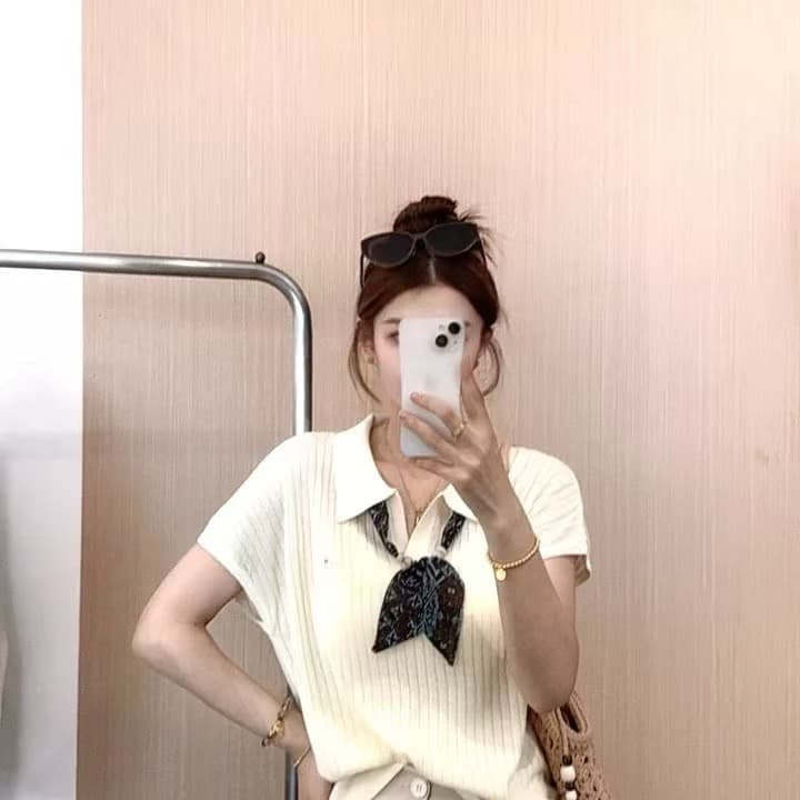 보내기 스카프 새로운 여름 다용도 슬림해 보이는 니트 POLO 칼라 반팔 얇은 스타일 디자인 센스 맨위 여성 의류 이미지 3