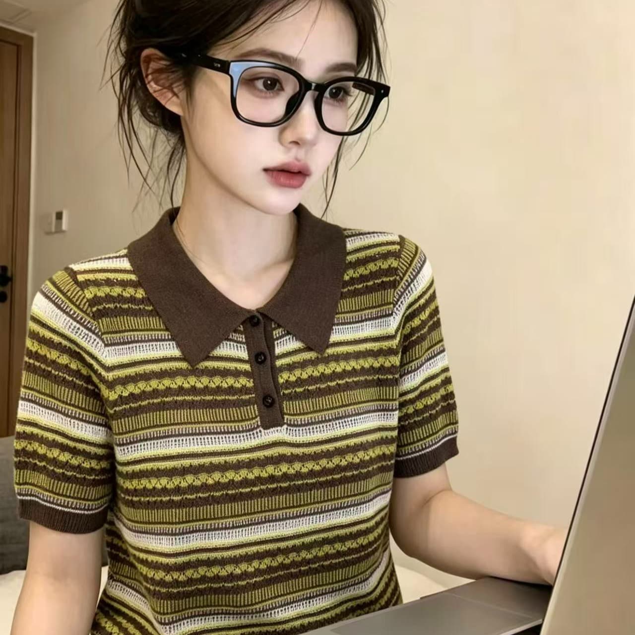 레트로 자카드 폴로 칼라 반팔 티셔츠 여성 여름 루즈핏 얇은 스타일 슬림해 보이는 니트 맨위 chic 이미지 3