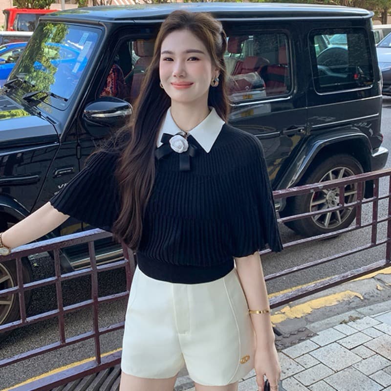 한국 chic 여름 새로운 품격 POLO 칼라 배색 망토 외국 가스 얇은 스타일 니트 스웨터 이미지 5