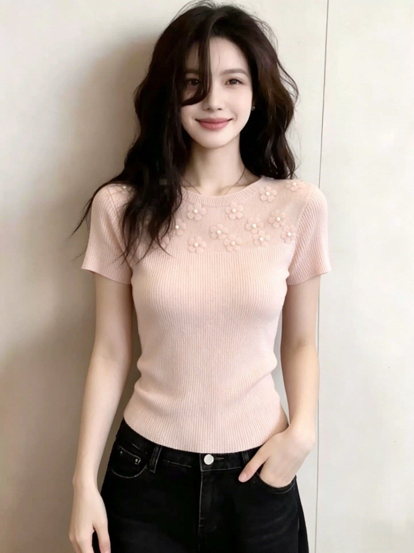 프랑스 rouje rosella 우아함 챠밍 3 차원 꽃 니트 스웨터 여성 여름 반팔 몸매 가꾸기 맨위 상세 이미지 1