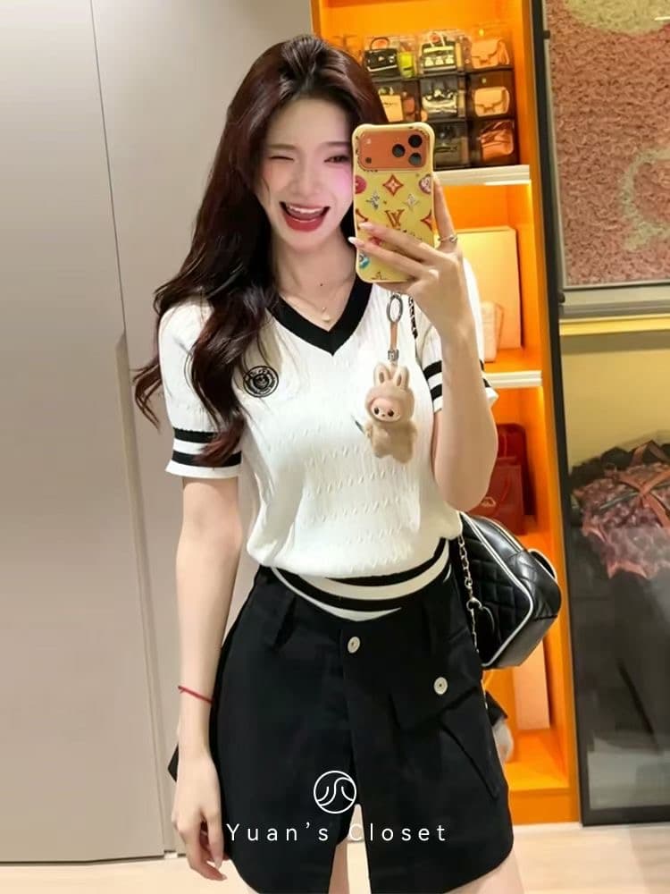 학원 스타일 회색 폴로 칼라 자수 얼음 실크 니트 반팔 티셔츠 여성 여름 작은 키 몸매 가꾸기 POLO 셔츠 맨위