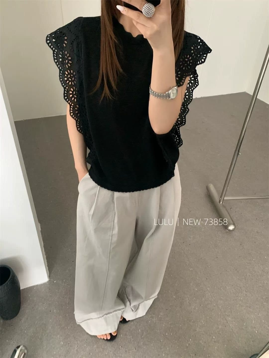 빅 사이즈 여름 얇은 모방 아마 니트 스웨터 티셔츠 여성 한 부서 레트로 레이스 레이스 민소매 홀로우 아웃 맨위 이미지 2
