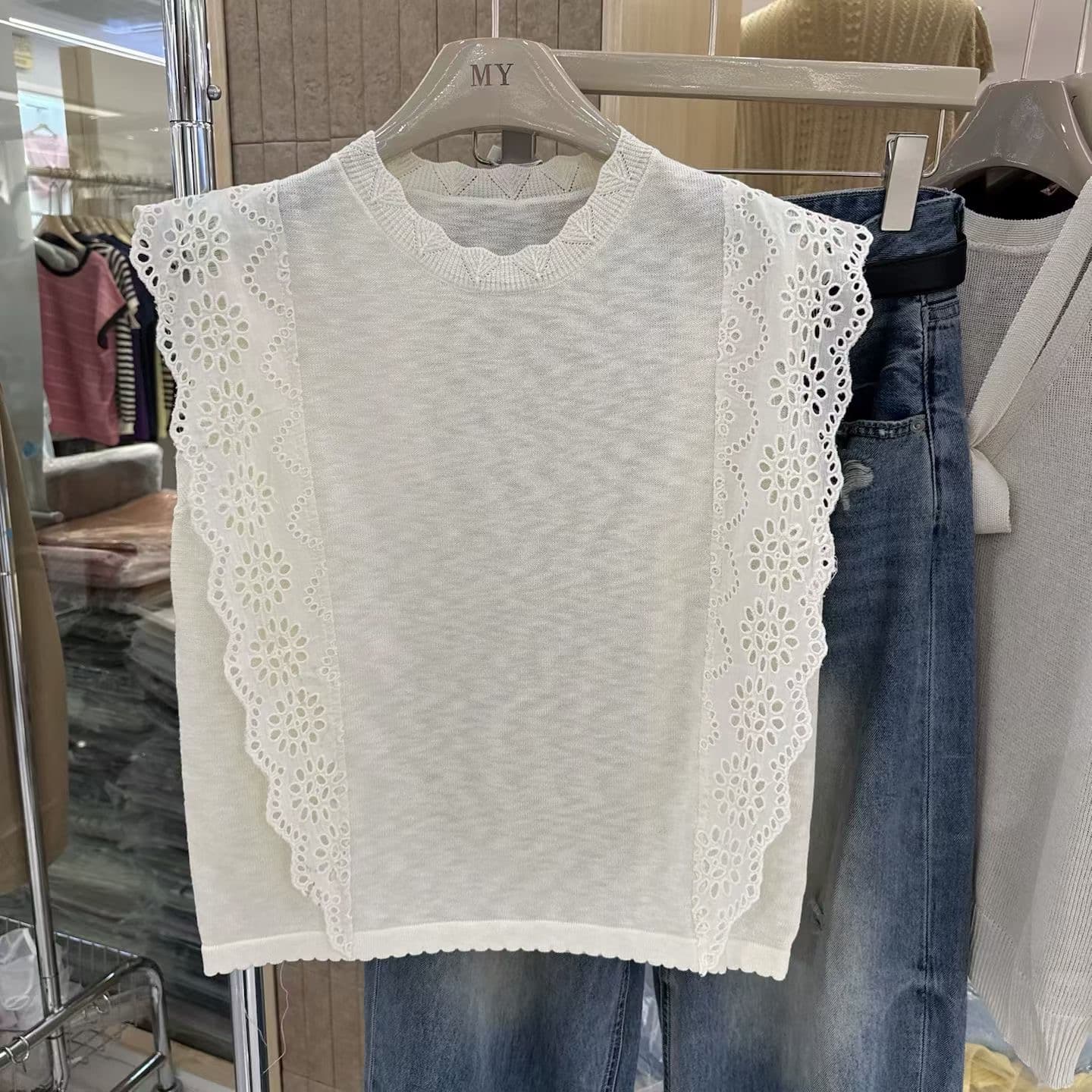 빅 사이즈 여름 얇은 모방 아마 니트 스웨터 티셔츠 여성 한 부서 레트로 레이스 레이스 민소매 홀로우 아웃 맨위 이미지 5