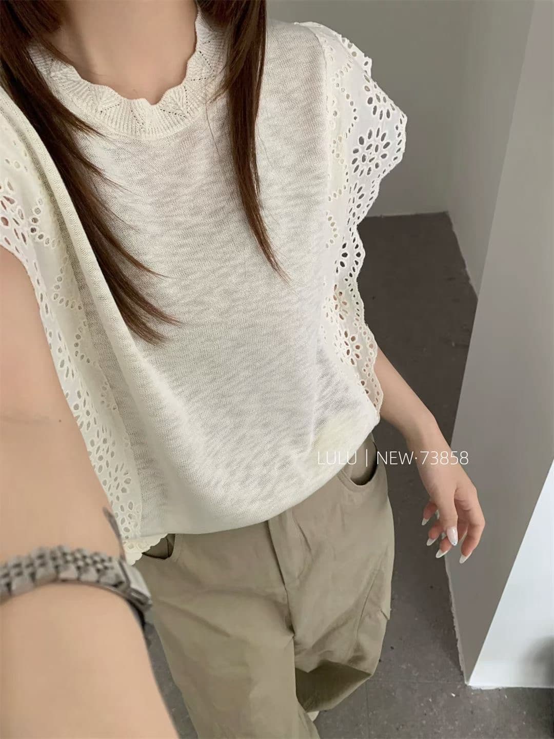 빅 사이즈 여름 얇은 모방 아마 니트 스웨터 티셔츠 여성 한 부서 레트로 레이스 레이스 민소매 홀로우 아웃 맨위 상세 이미지 6