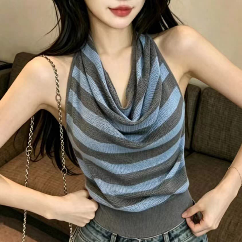2026 봄 새로운 한국 스타일 스트라이프 행침 목 캐미솔 몸매 가꾸기 슬림해 보이는 다용도 민소매 맨위 기본 셔츠 이미지 4
