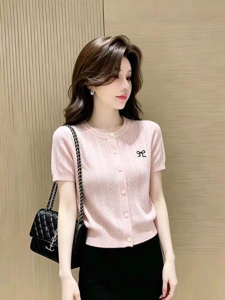디자인 센스 나비 매듭 자수 니트 오픈 가디건 여성 여름 부드러운 바람 디스플레이 화이트 핑크색 루즈핏 슬림해 보이는 빅 사이즈 맨위 이미지 4