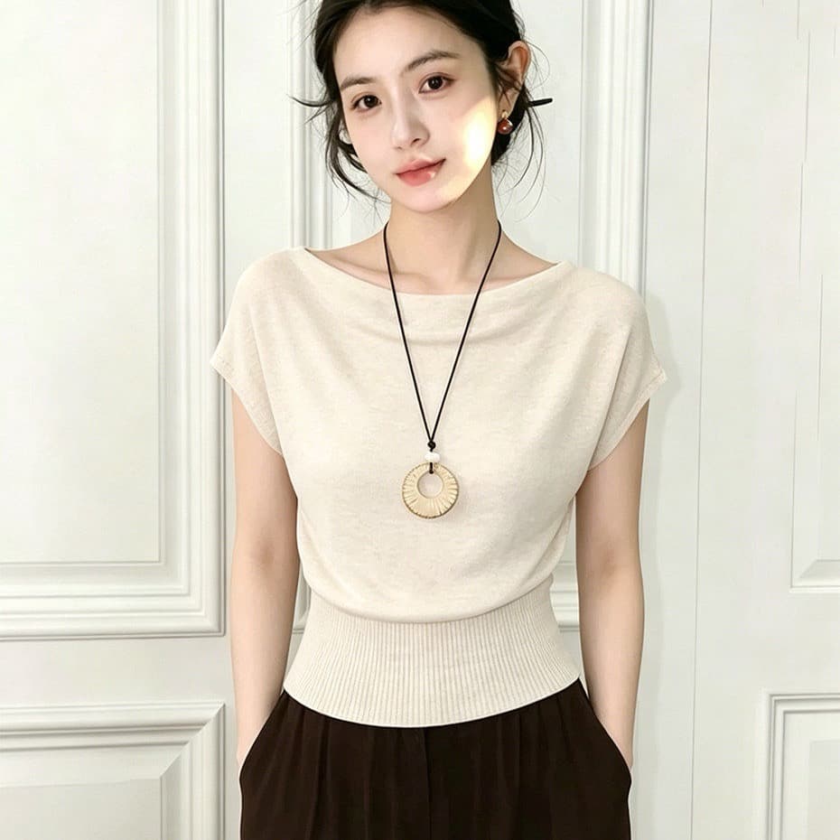 프랑스식 고유 한 아름다운 오프숄더 허리 수축 배트윙 소매 티셔츠 여성 여름 사소한 프로 피부 통기성 고급 센스 맨위