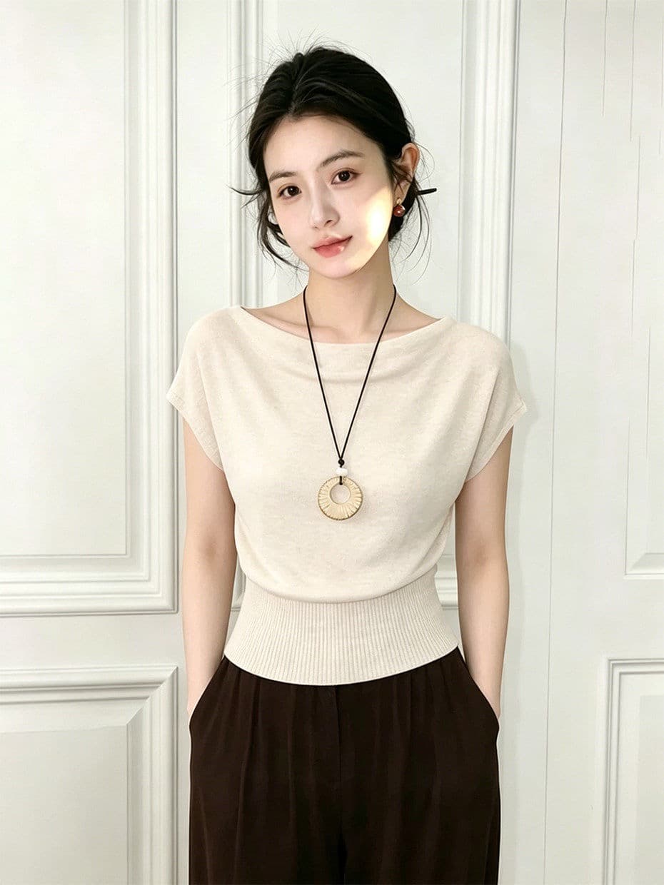 프랑스식 고유 한 아름다운 오프숄더 허리 수축 배트윙 소매 티셔츠 여성 여름 사소한 프로 피부 통기성 고급 센스 맨위 상세 이미지 4