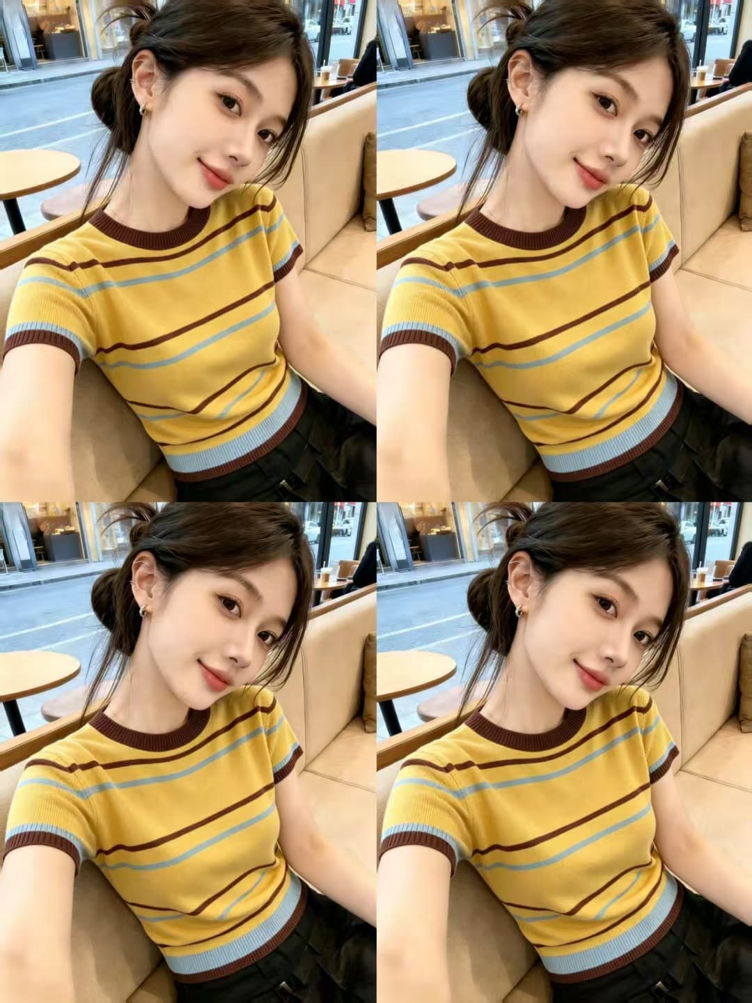 도파민 배색 스트라이프 니트 반팔 긍정적 인 어깨 티셔츠 여성 여름 몸매 가꾸기 슬림해 보이는 튀김 거리 고유 한 아름다운 맨위 상세 이미지 3