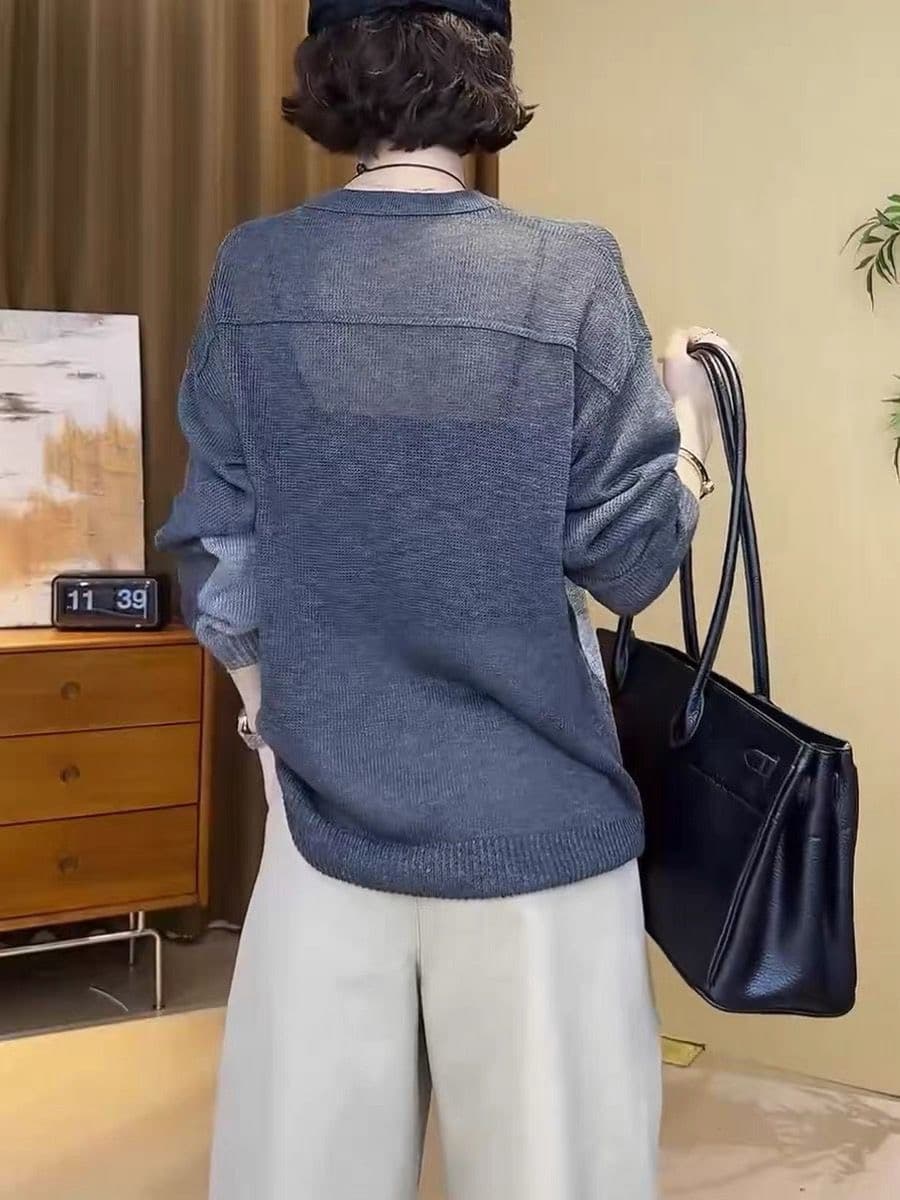 대나무 마디 마 배색 니트 티셔츠 여성 봄 여름 자외선 차단 블라우스 2026 년 새로운 한 부서 슬림해 보이는 얇은 스타일 맨위 상세 이미지 2