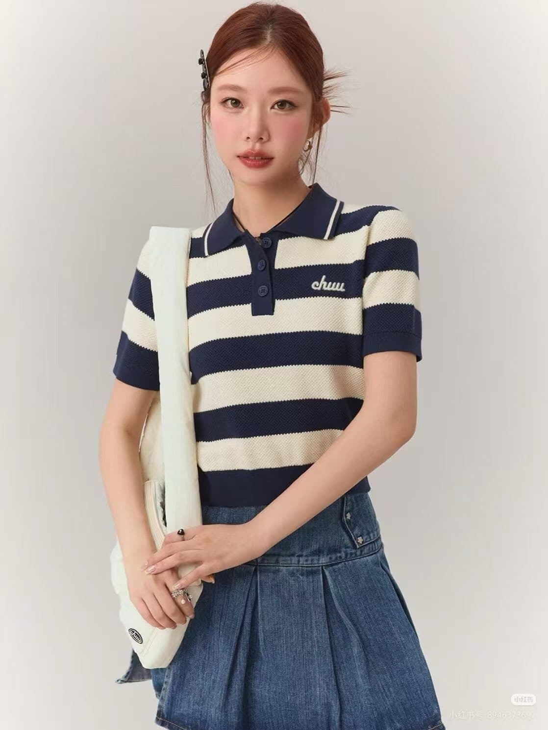 학원 스타일 스트라이프 반팔 니트 스웨터 여성 2026 여름 새로운 디자인 센스 POLO 칼라 레트로 miu 첨부 된 의류 상세 이미지 3