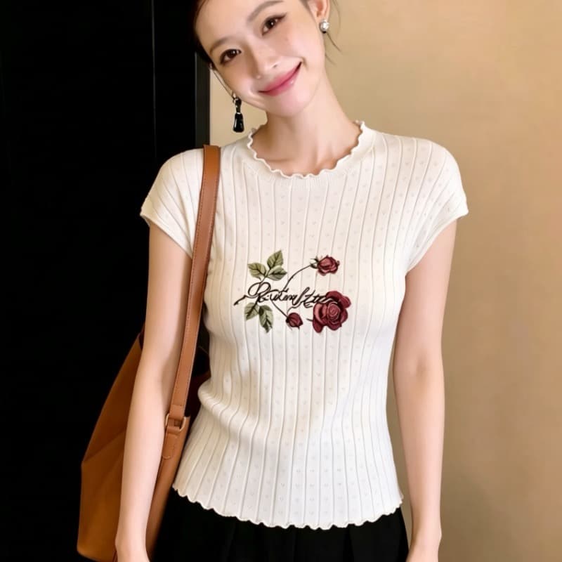 2026 년 여름 핫걸 바람 장미 작은 날다 소매 니트 티셔츠 여성 몸매 가꾸기 슬림해 보이는 프릴 구덩이 기사 반팔 맨위 상세 이미지 5