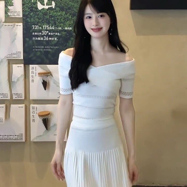 빅 사이즈 표지 고기 배트윙 소매 니트 블라우스 맨위 반신 롱 스커트 두 조각 여성 세트 루즈핏 슬림해 보이는 품격 세트 상세 이미지 5