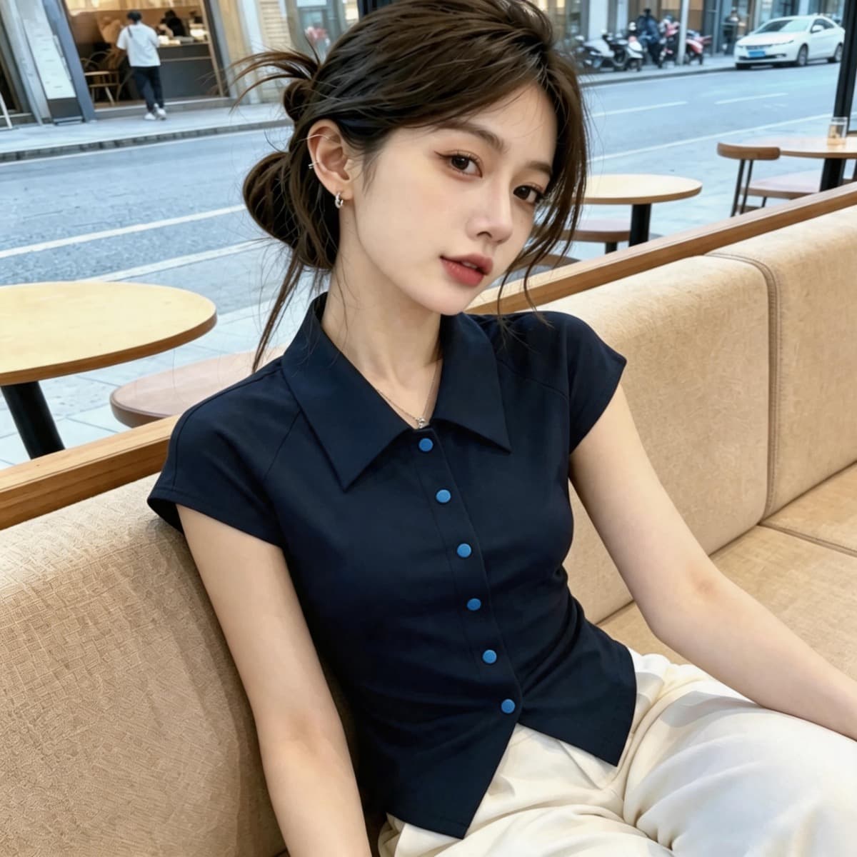 2026 여름 새로운 한국 스타일 부드러운 바람 POLO 칼라 맨위 슬림해 보이는 디자인 센스 배색 단추 작은 날다 소매 짠 셔츠