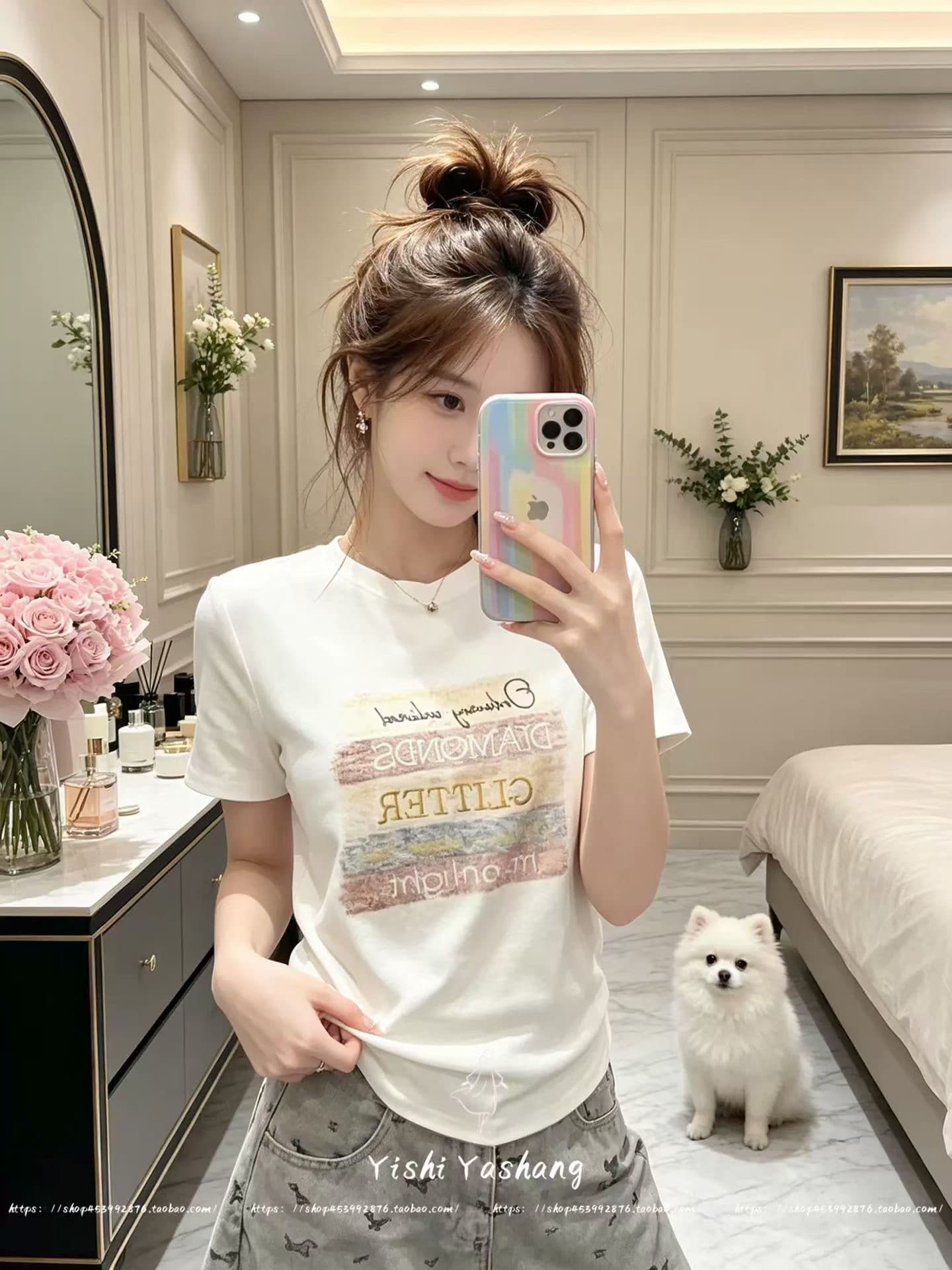 연 달콤한 여름 긍정적 인 어깨 반팔 티셔츠 여성 패션 몸매 가꾸기 다용도 알파벳 슬림해 보이는 맨위 이미지 2