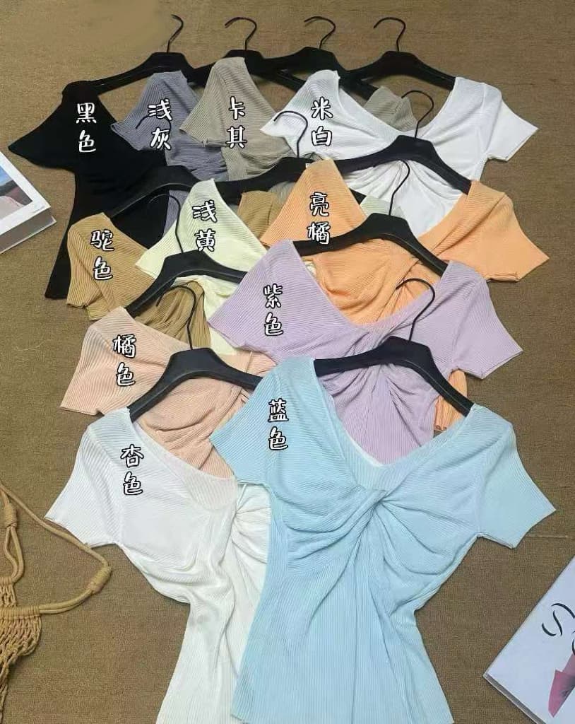 한 부서 작은 대중 분위기 센스 캐주얼 V넥 비틀림 티셔츠 여성 여름 반팔 몸매 가꾸기 슬림해 보이는 다용도 반팔 맨위 트렌디 상세 이미지 1
