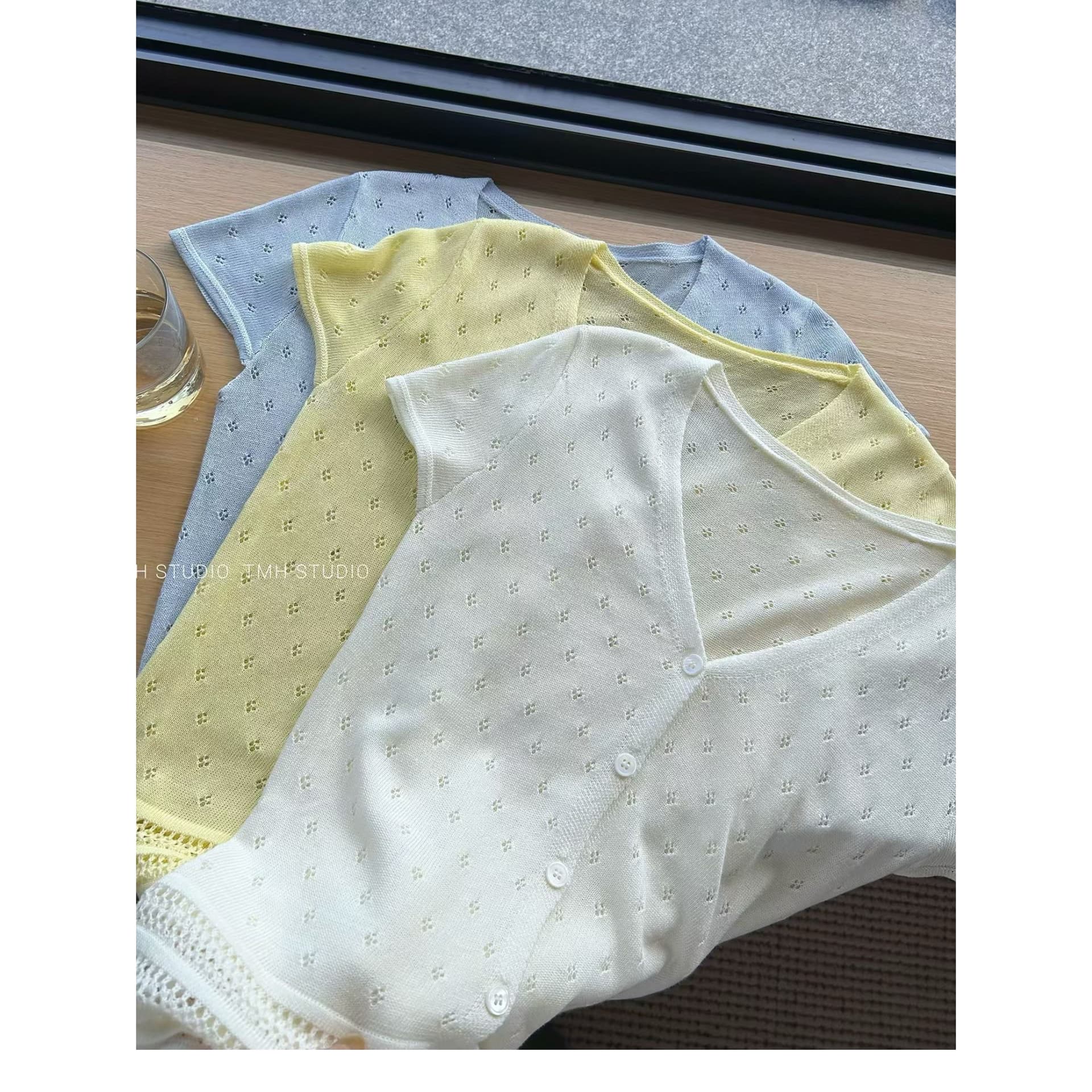 한 부서 황색 V넥 홀로우 아웃 니트 오픈 가디건 반팔 티셔츠 여성 여름 얇은 스타일 자이언트 잘 생긴 ~ 중 고유 한 아름다운 맨위 이미지 5