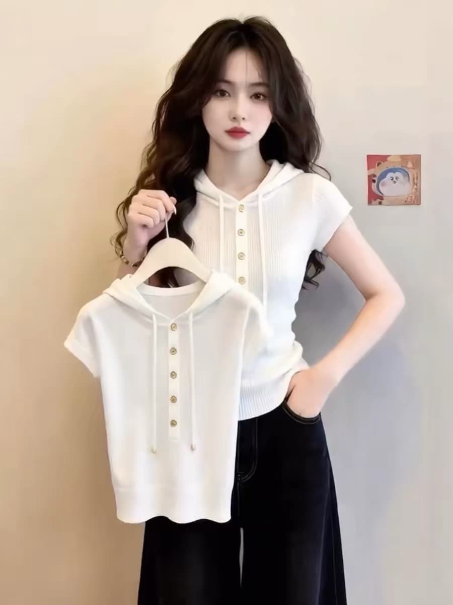 한 부서 익스트림 제인 바람 후드 반팔 니트 스웨터 티셔츠 여성 여름 고급 센스 품격 연령 감소 몸매 가꾸기 슬림해 보이는 맨위 상세 이미지 1