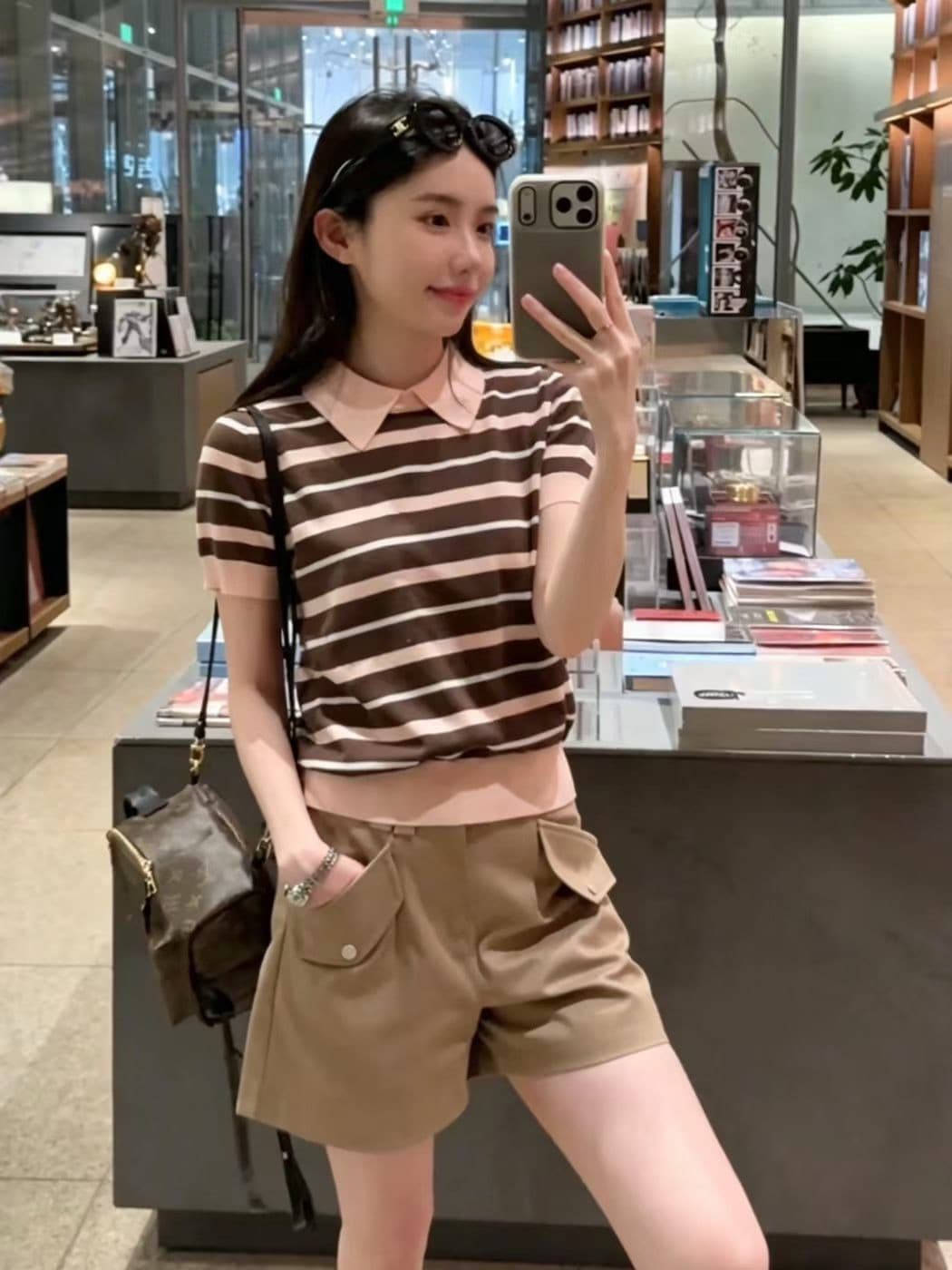 여름 새로운 슈퍼 한 다용도 POLO 칼라 스트라이프 배색 반팔 티셔츠 레트로 디스플레이 화이트