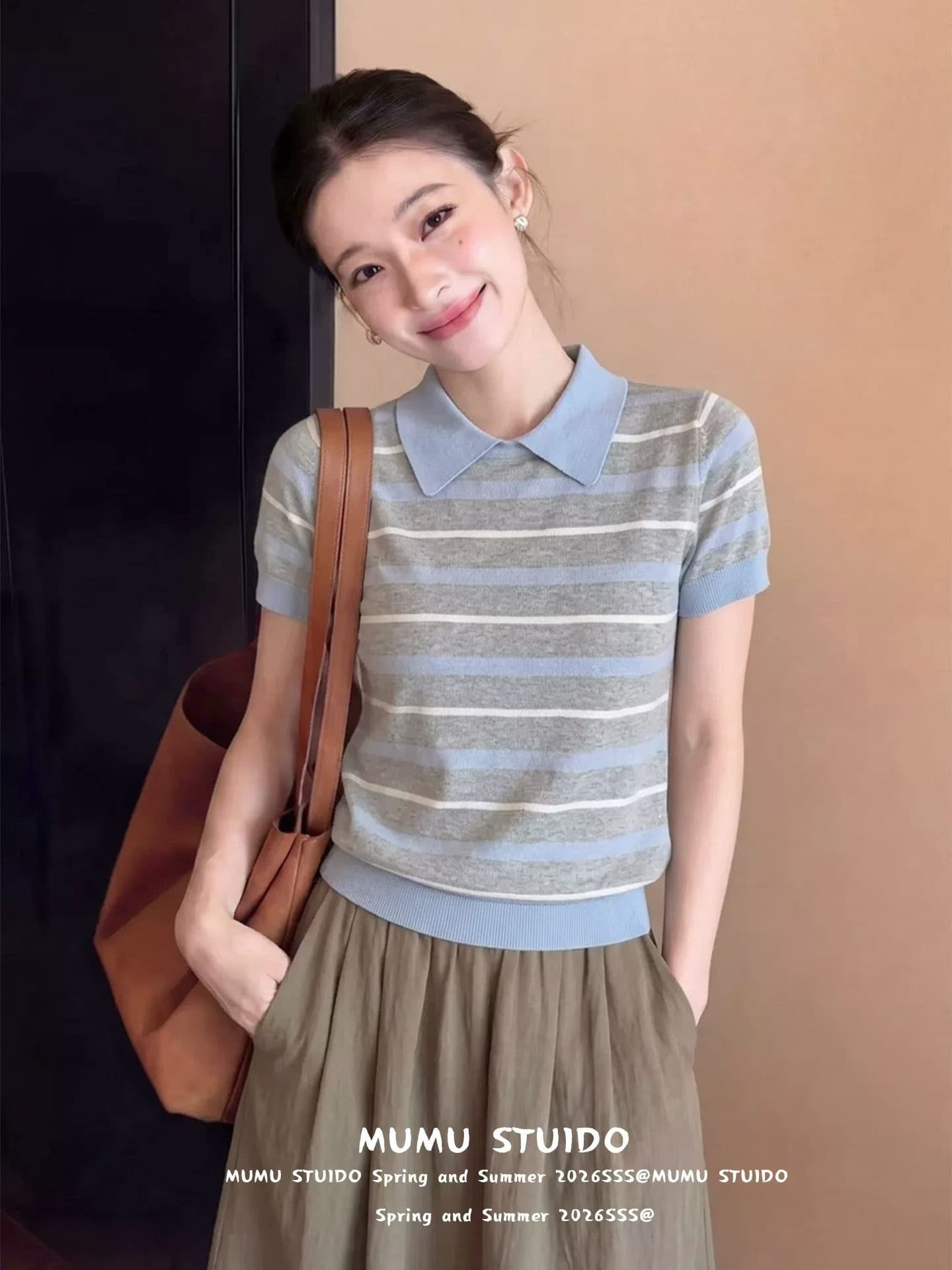 여름 새로운 슈퍼 한 다용도 POLO 칼라 스트라이프 배색 반팔 티셔츠 레트로 디스플레이 화이트 이미지 2