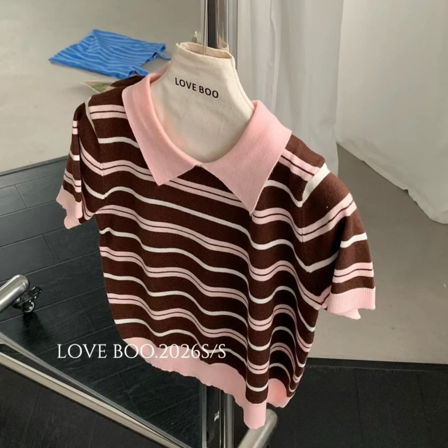 여름 새로운 슈퍼 한 다용도 POLO 칼라 스트라이프 배색 반팔 티셔츠 레트로 디스플레이 화이트 이미지 5