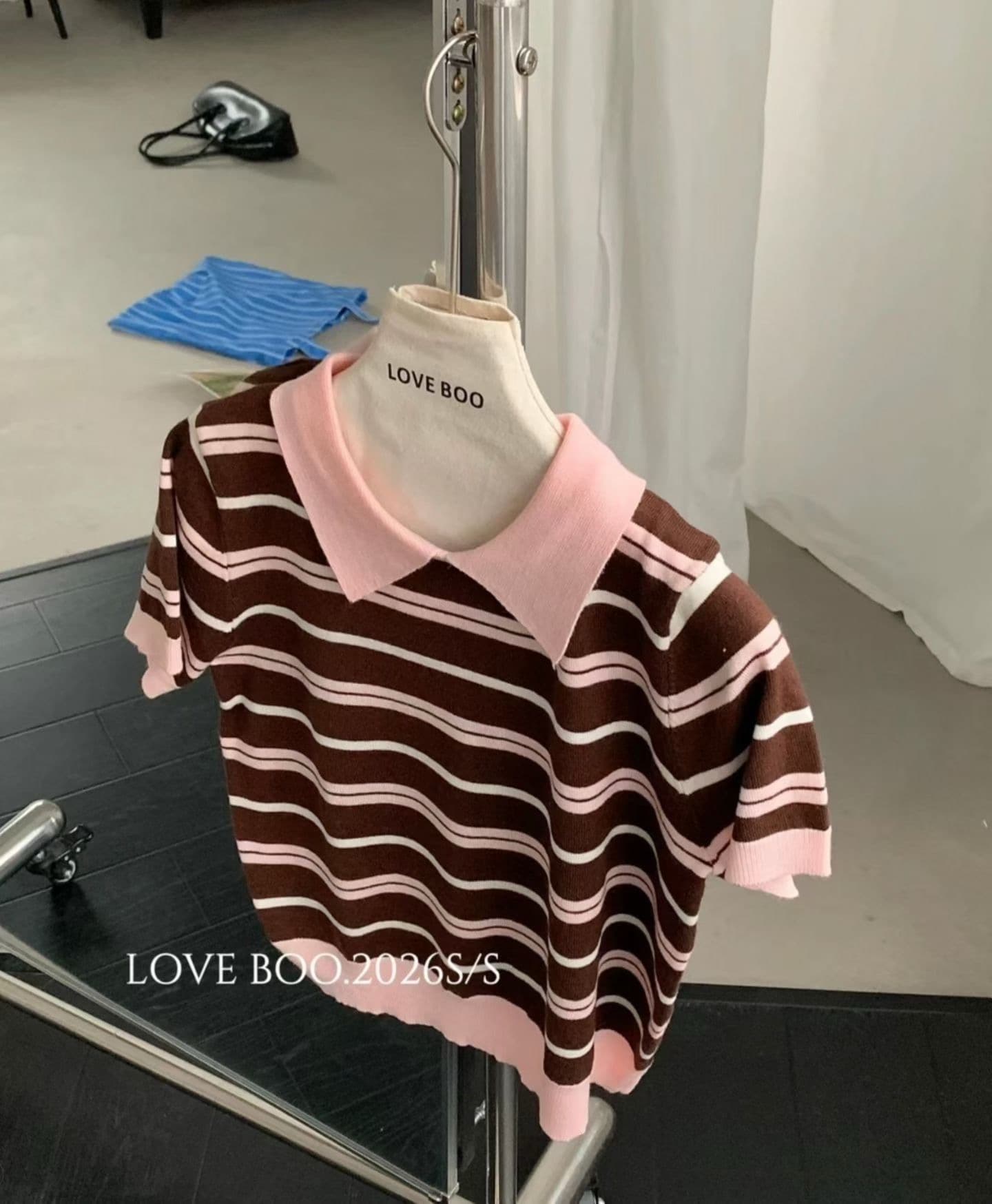 여름 새로운 슈퍼 한 다용도 POLO 칼라 스트라이프 배색 반팔 티셔츠 레트로 디스플레이 화이트 상세 이미지 2