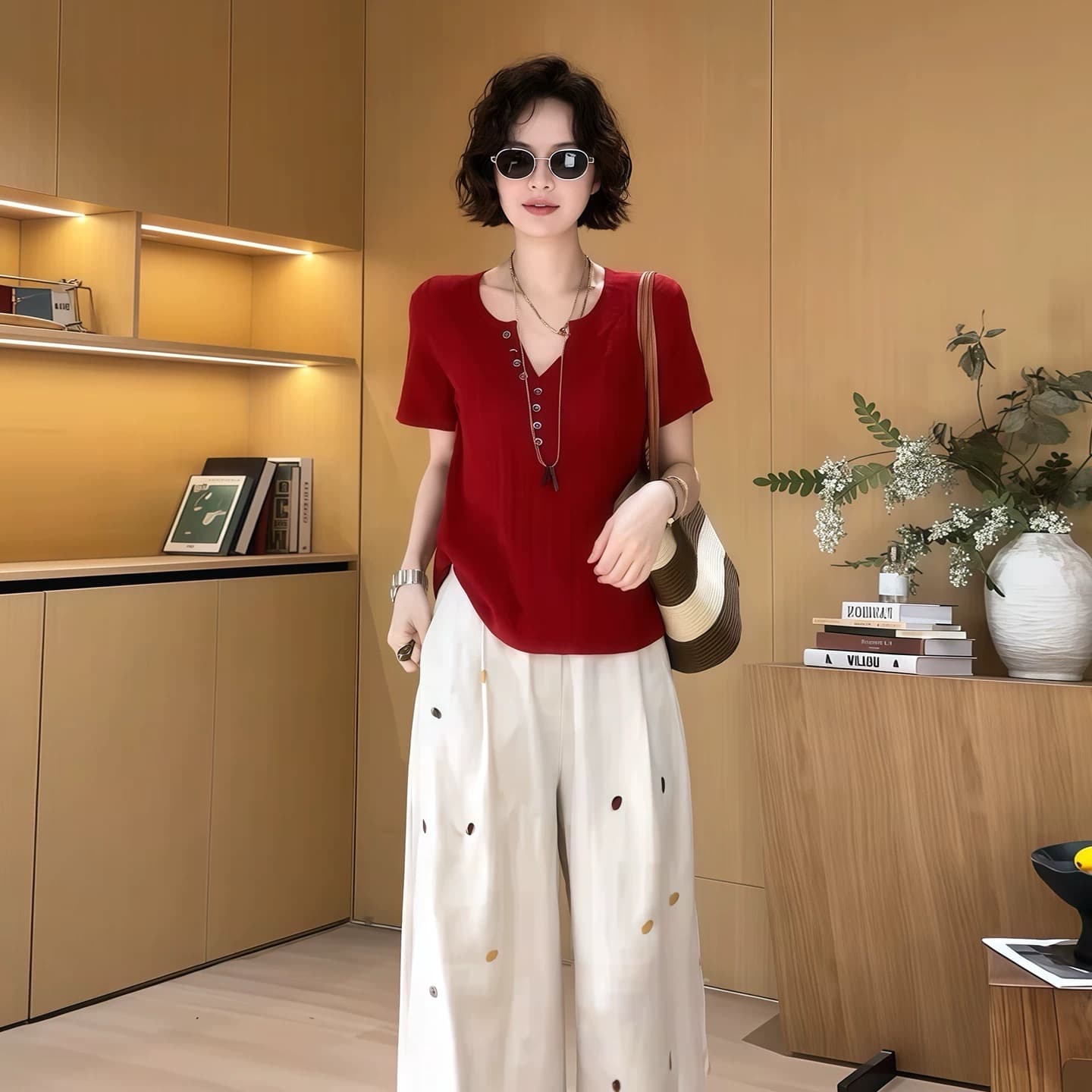 다용도 배색 측면 편안함 얇고 가벼운 니트 스웨터 여성 2026 년 여름 편안함 캐주얼 자수 반팔 맨위 상세 이미지 3