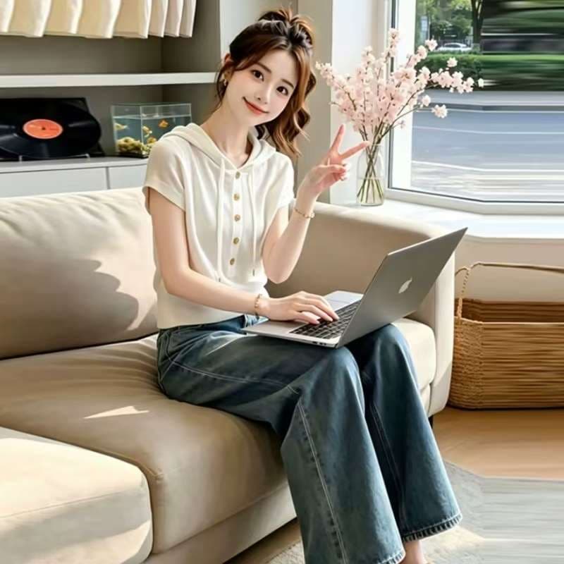 한 부서 익스트림 제인 바람 후드 반팔 니트 스웨터 티셔츠 여성 여름 고급 센스 품격 연령 감소 몸매 가꾸기 슬림해 보이는 맨위 이미지 3
