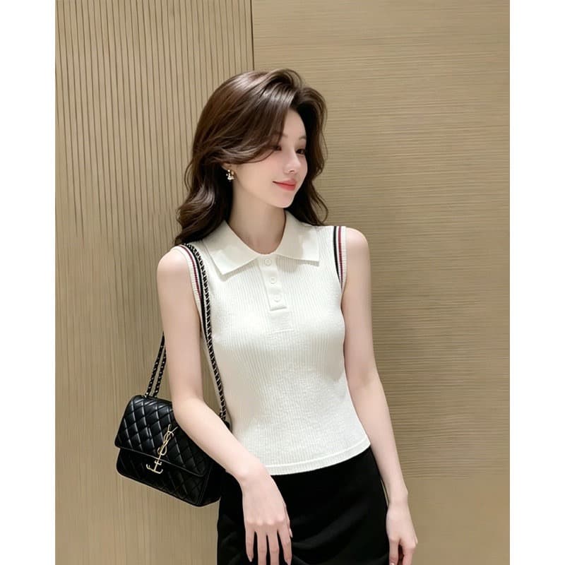 프랑스식 작은 폴로 칼라 민소매 니트 조끼 여성 여름 디자인 센스 인사이드 가져 가라. 캐주얼 미니멀리즘 출퇴근 패션 맨위 트렌디 상세 이미지 2