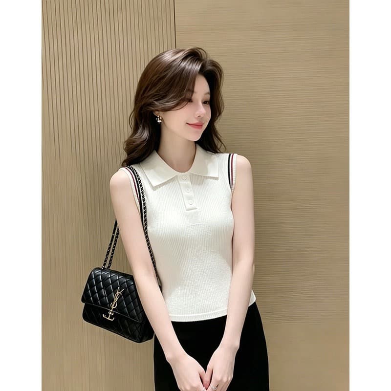 프랑스식 작은 폴로 칼라 민소매 니트 조끼 여성 여름 디자인 센스 인사이드 가져 가라. 캐주얼 미니멀리즘 출퇴근 패션 맨위 트렌디 상세 이미지 5