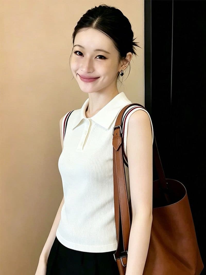 패션 미니멀리즘 베이지 색 POLO 칼라 하프 버클 민소매 조끼 여성 여름 새로운 아니요 명중 섹션 다용도 슬림해 보이는 맨위 이미지 2