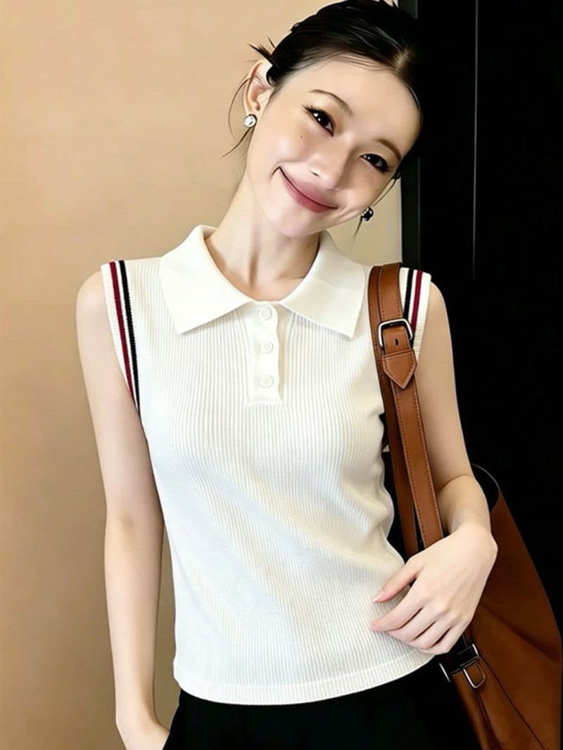 패션 미니멀리즘 베이지 색 POLO 칼라 하프 버클 민소매 조끼 여성 여름 새로운 아니요 명중 섹션 다용도 슬림해 보이는 맨위 이미지 3