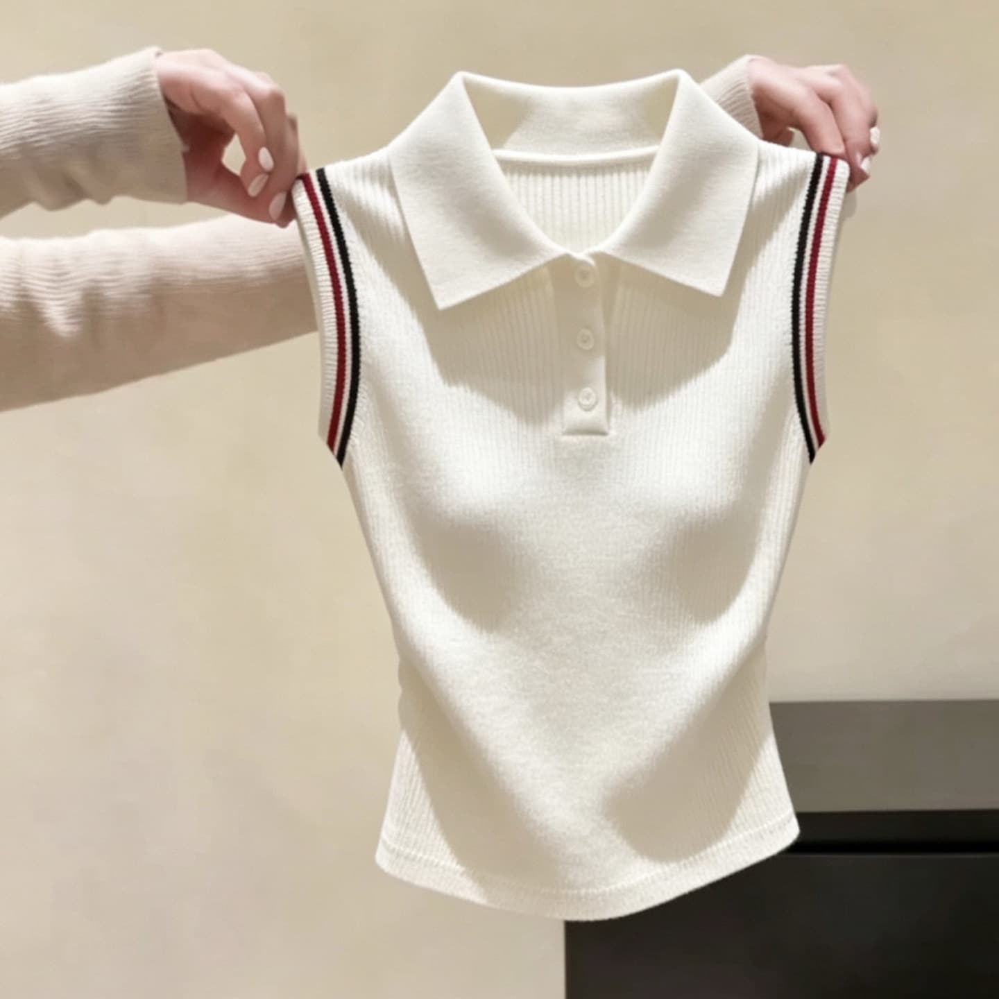패션 미니멀리즘 베이지 색 POLO 칼라 하프 버클 민소매 조끼 여성 여름 새로운 아니요 명중 섹션 다용도 슬림해 보이는 맨위 이미지 5