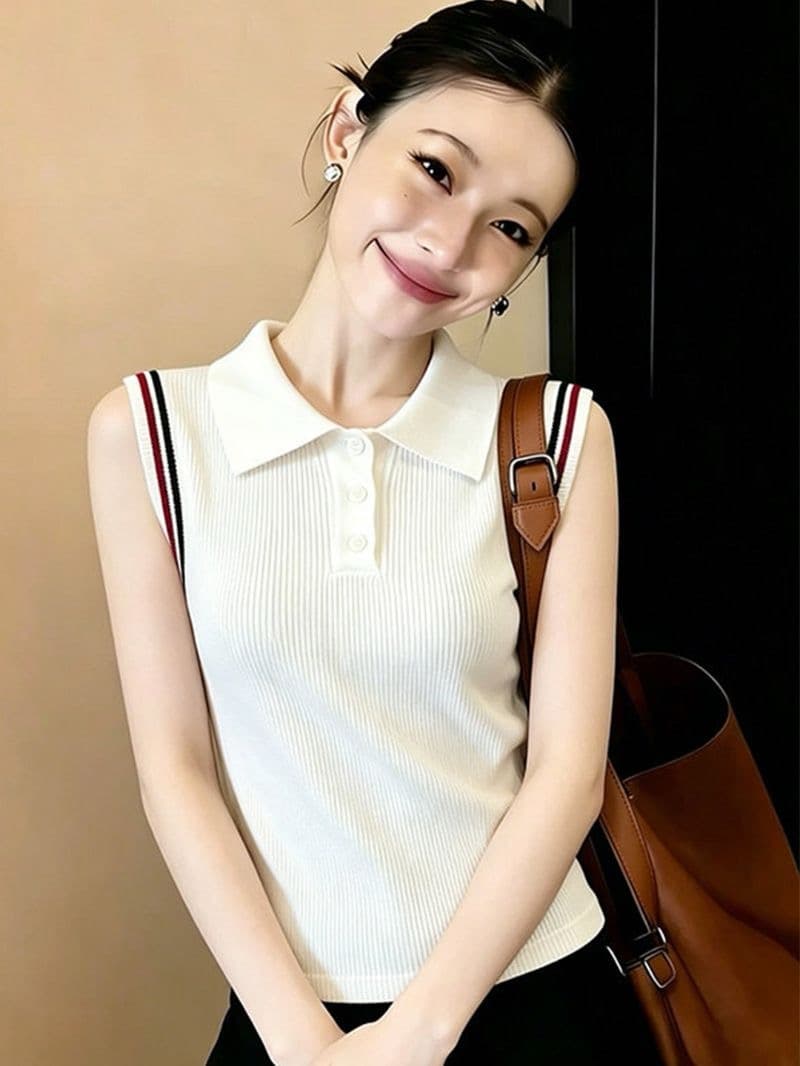 패션 미니멀리즘 베이지 색 POLO 칼라 하프 버클 민소매 조끼 여성 여름 새로운 아니요 명중 섹션 다용도 슬림해 보이는 맨위 상세 이미지 2